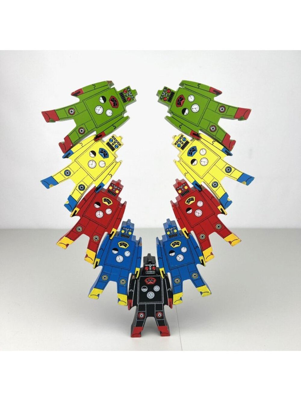 Schylling Wooden Stacking Robots Toy Set Lot Of 9 Colorful Figures Balance Game